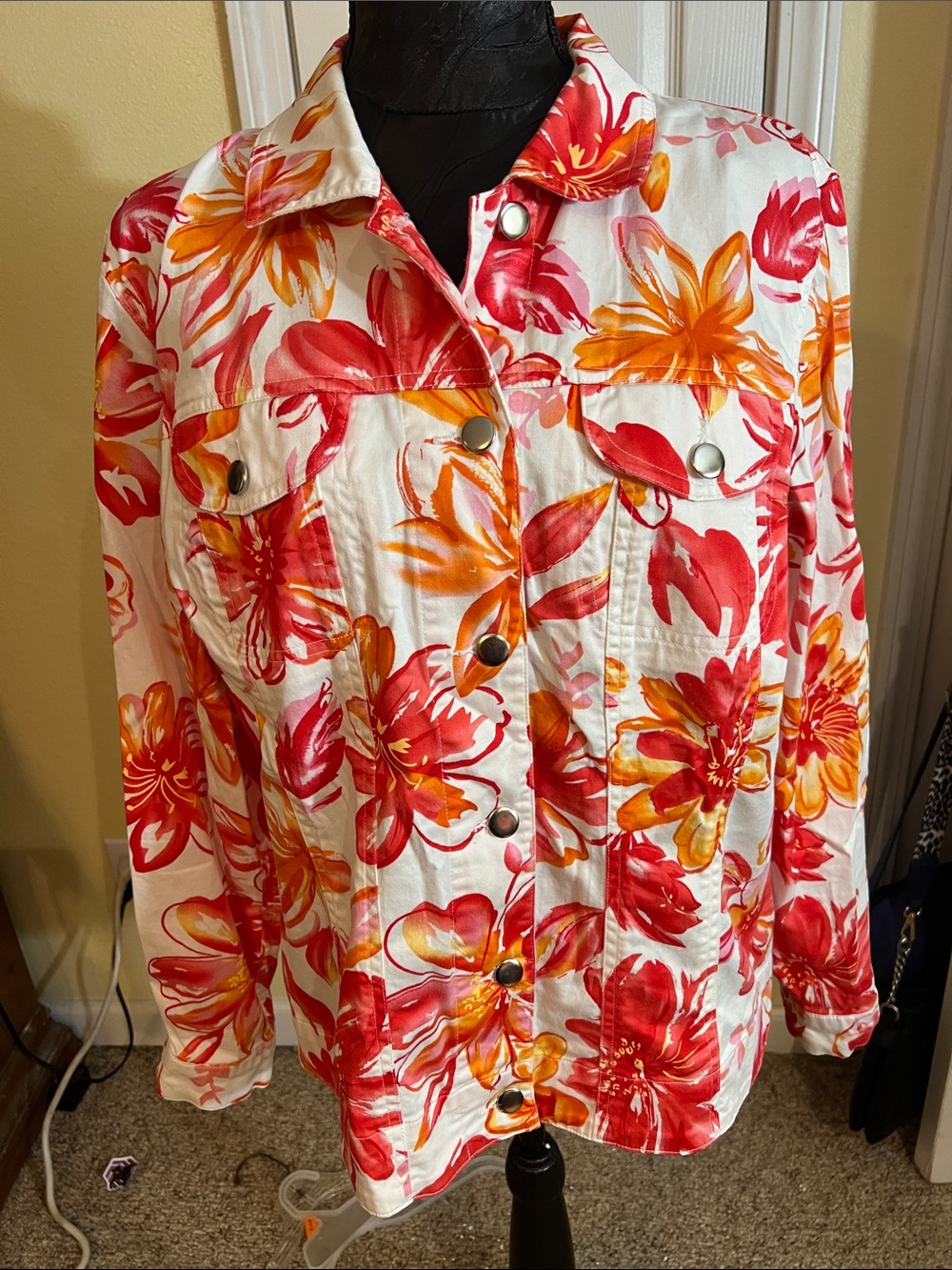 Coldwater Creek Floral Jean Jacket - Red & Orange